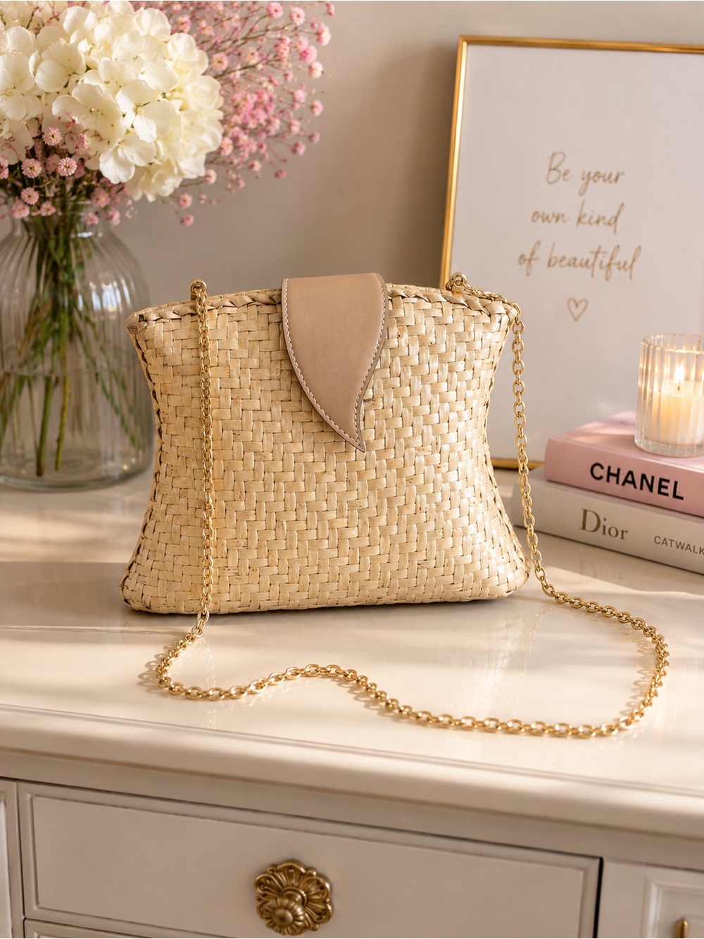 Woven Straw Crossbody Bag with Gold Chain - Beige Taupe Accent